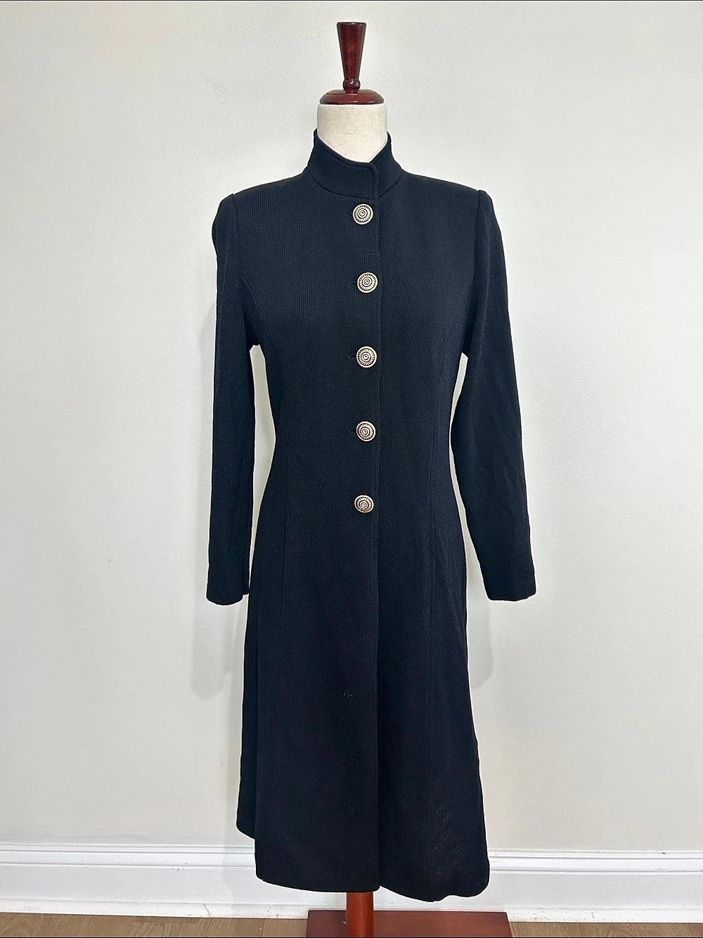 St. John Collection Long Black Coat with Gold-Tone Buttons Size 4